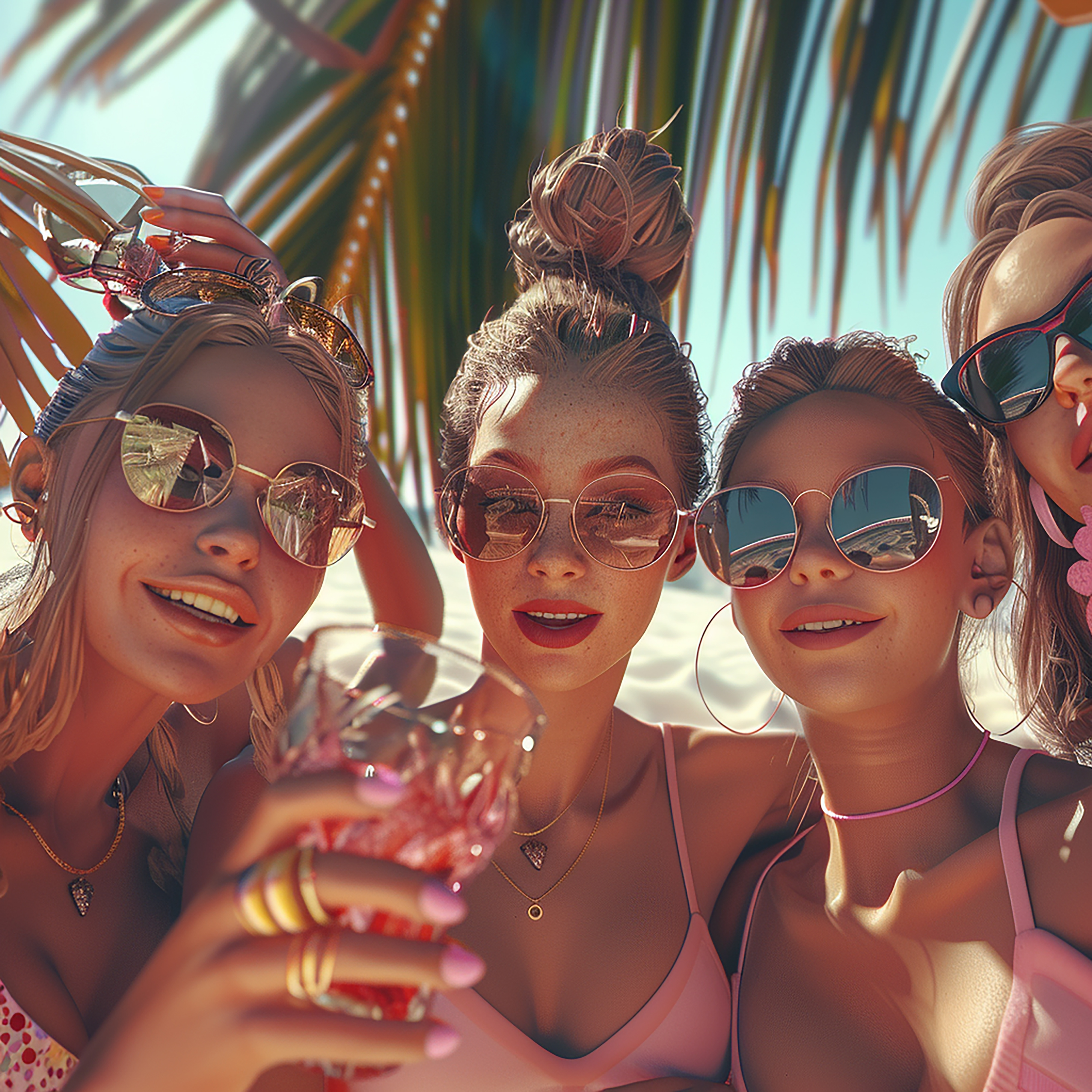 3d-render-photo-selfie-young-women-taking-cocktail-beautiful-beach-hair-tied-into-bun